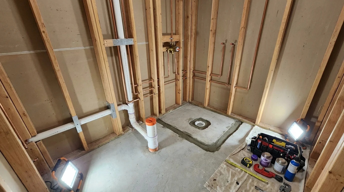 Bathroom rough-in plumbing during remodel by Johns Plumbing LLC in Aztec