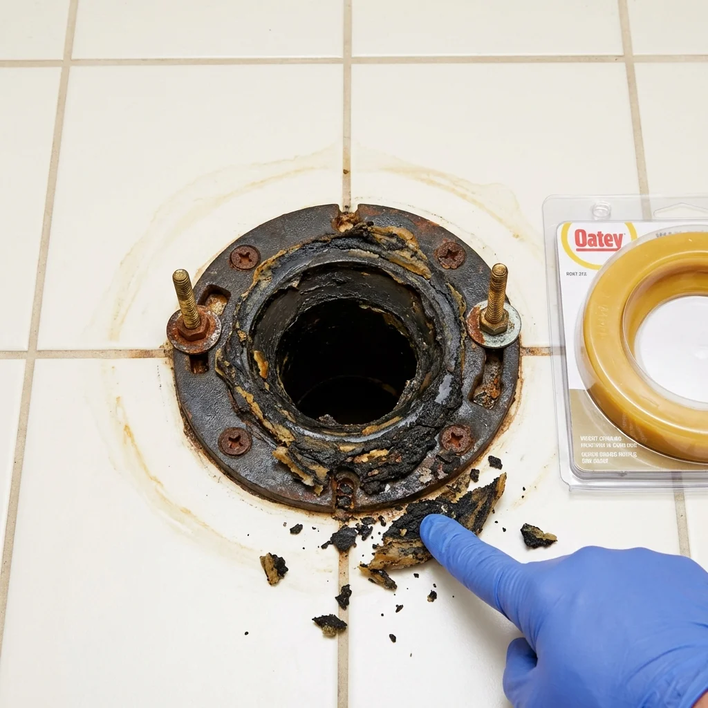 Failed wax ring showing water seepage at the base of a toilet in a Aztec, NM home