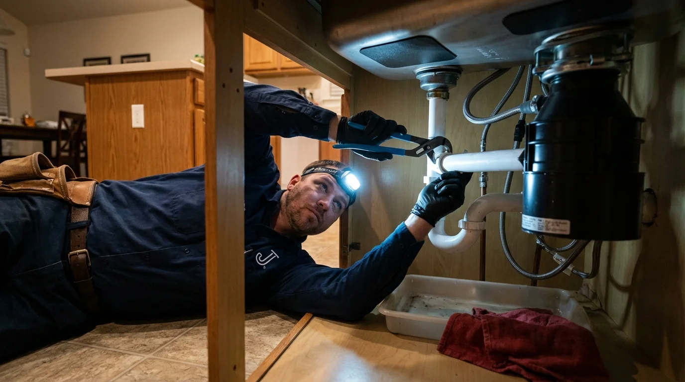 P-trap and supply line connections under a kitchen sink showing a common leak point in Aztec, NM